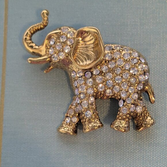 1928 Then, Now, Forever Gold Tone Clear Rhinestone Elephant Brooch Pin - Picture 3 of 3
